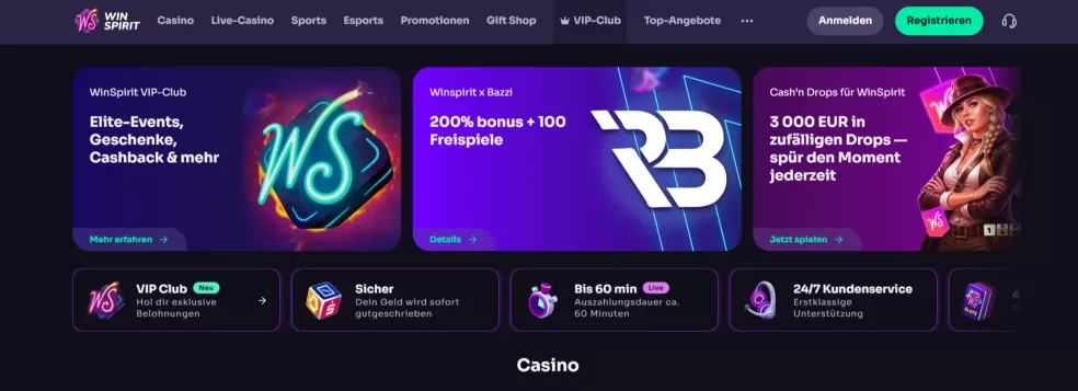 Winspirit Casino – Willkommensbonus 400€ + 100 Freispiele sichern